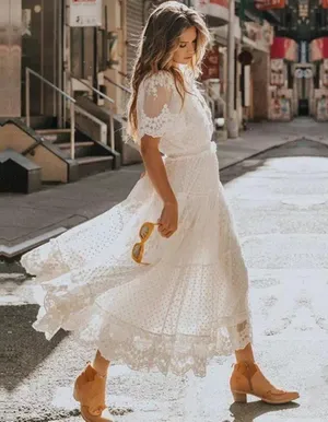 Boutique NEW White Lace V-neck Semi-Sheer Short Sleeve Maxi Dress thumbnail 1