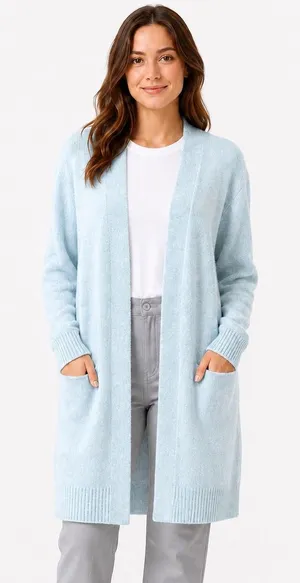 Lucky Brand Light Blue‎ Longline Open Front Cardigan Sweater Large Pockets thumbnail 1