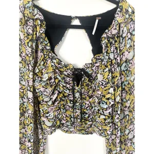 Free People Mabel Floral Printed‎ Ruched Smocked Crop Top Long Sleeve Blouse S thumbnail 4