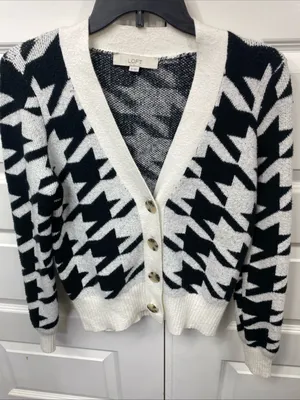 Loft Ivory Black Houndstooth V-Neck Button Front Cardigan Sweater XS Extra Small thumbnail 3