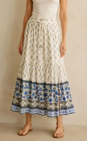 Vintage ANGIE Blue Floral Tiered Maxi Skirt Medium Boho NWT thumbnail 1