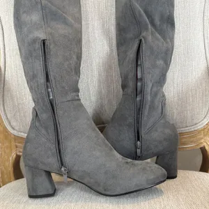 Grey faux Suede Over the Knee Boots Block Heel OTK Charcoal Long Tall Boots 9 thumbnail 10