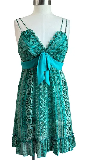 Y2K Love Tease Green Floral Geometric Print Front Bow Baby Doll Dress Size 5‎ thumbnail 1