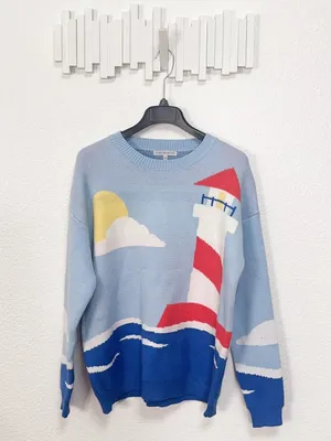 Miss Sparkling Coastal Lighthouse Scenic Knit Sweater Nautical Oversized Pullove thumbnail 2