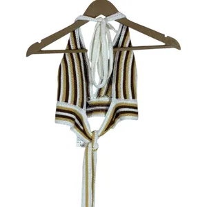 NWT Windsor Halter Striped Crochet Crop Top Ivory Brown Boho Festival Size L thumbnail 3