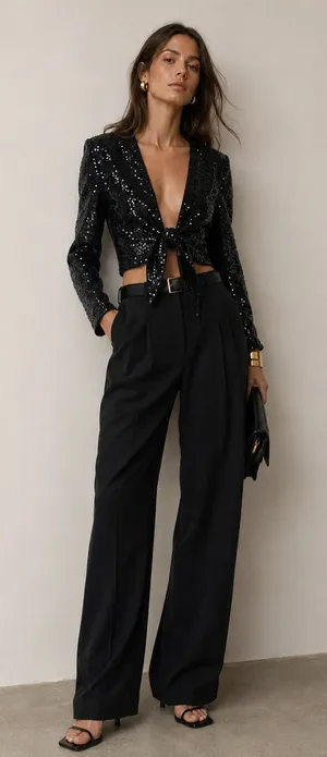 Abercrombie & Fitch black sequin tie front long sleeve crop top or jacket. XS thumbnail 1