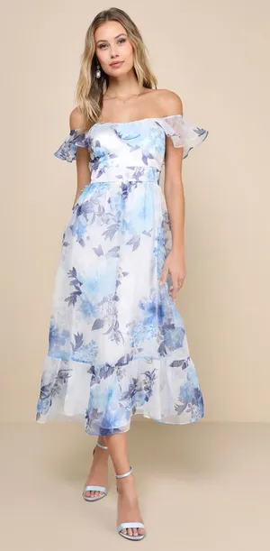 NWT Lulus Sweet Composure White Floral Organza Off-the-Shoulder Midi Dress XXL thumbnail 1