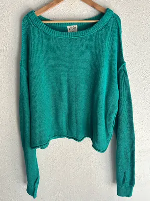 Free People Inside Out Pullover Teal Turquoise Cotton Slouchy Cropped Sweater XL thumbnail 3