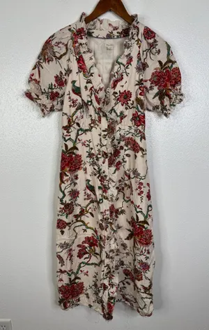 Pilcro Linen Blend Floral Bird Print Ruffle Midi Dress Puff Sleeve Cream Multi 4 thumbnail 1