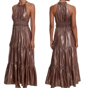 A.L.C. Elara Metallic Silk Halter Maxi Dress Bitter Chocolate 14 wedding guest thumbnail 2