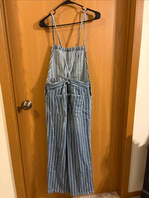 Kensie Women’s Blue‎ & White Striped Wide Leg Denim Overalls Medium NWOT thumbnail 7