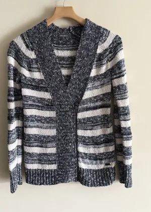 Eddie Bauer Striped V-neck Knit Sweater Women's‎ Size S Zip Up Cabin Grandpa thumbnail 1