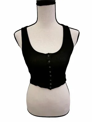 Windsor Black Ribbed Knit Button Front Cropped Tank Top Scoop Neck Stretch thumbnail 2
