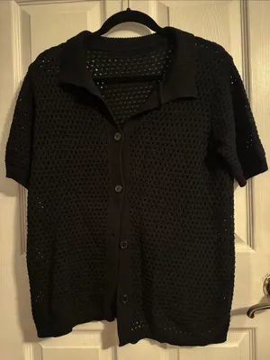 Black Knit Openwork Swim Coverup Button thumbnail 1
