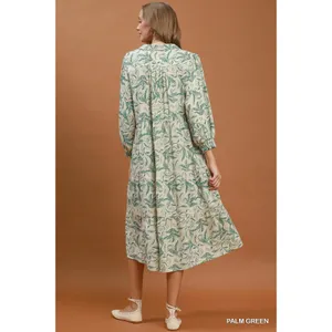 Umgee Linen Botanical Print Tiered Midi Dress - Palm Green - Small thumbnail 3