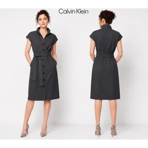 Calvin Klein Womens Charcoal Grey Button Front Belted Cap Sleeve Shirt Dress 4 thumbnail 2