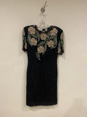 Laurence Kazar Dress Womens Medium Black Vintage Sequin Beaded Floral Silk Party thumbnail 2