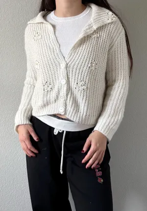 Vintage White Knitted Cardigan Sweater thumbnail 1