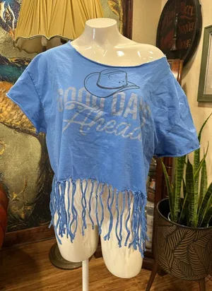 Custom Blue Fringe Cowboy Graphic Crop Top Boho Southwestern Festival Shirt L thumbnail 1
