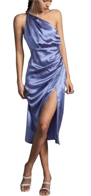 NWT Anthropologie Silk One Shoulder Purple Satin Side Slit Midi Dress 8 thumbnail 1