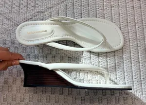Reformation Amelia Thong Wedge Sandal in White/Brown Combo thumbnail 1