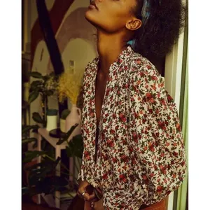 FREE PEOPLE Meant To‎ Be Blouse Floral Vintage Combo Ruffled Smocked Small thumbnail 5