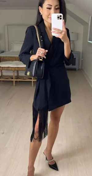 Zara blazer dress with fringes tied wrapped mini tailored black thumbnail 1