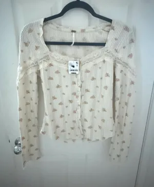 NWT Free People Cream Floral Lace-Trim Ribbed Button-Front Top thumbnail 1