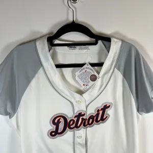 Majestic MLB Detroit Tigers Baseball Jersey Womens Large White Grey Glitter Logo thumbnail 2
