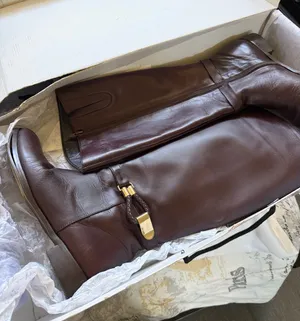 Tall Dark Brown genuine Mexican Leather Riding Boots with Gold Buckle thumbnail 1