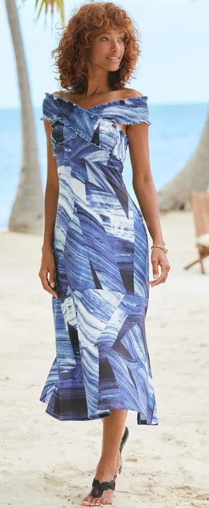 Soft Surroundings Women Maxi Jersey Knit Dress Small Blue‎ Abstract Artsy Lagen thumbnail 1
