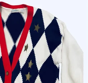 Vintage Argyle Patriotic Cardigan Flag Sweater Red White Blue Stars Oversized S thumbnail 3