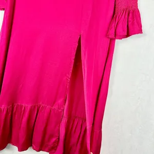 Karlie Solid Smock Neck Midi Dress Size Medium Pink Magenta NEW Satin Thigh Slit thumbnail 9