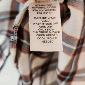 LOFT Autumn Plaid Blouse Softened Roll Tab Sleeve Crew Neck Cream Brown Rayon L thumbnail 6