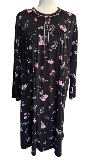 Aerie Floral Long-Sleeve Nightgown – Black/Pink Dark Floral– Size XL-Cozy Velour thumbnail 1