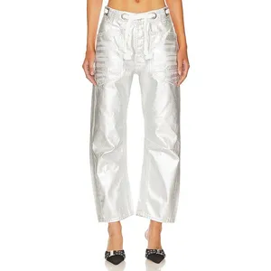 Free People We The Free Good Luck Mid-Rise Barrel Jeans Metallic Silver Foil 29 thumbnail 2