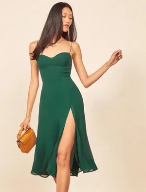 Reformation Juliette Dress in Emerald Green size 0 Sweetheart Tie Strap Mid Slit thumbnail 1