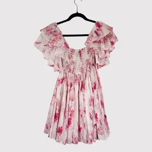 MISA Dress Pink Dina Mini Off Shoulder Smocked Abstract Rose Flowy Coquette XS thumbnail 3