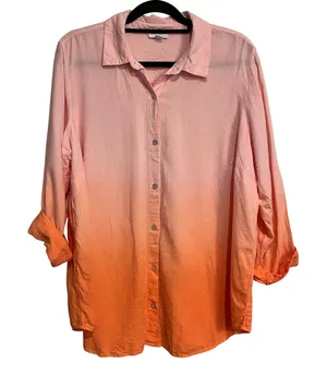 J. Jill Blouse Top Button Front Shirt Pink Orange Gradient Linen Blend Size XL thumbnail 1
