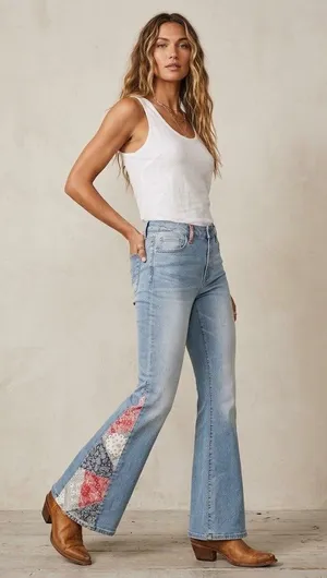 Driftwood Farrah Patchwork Bandana Flare Leg Jeans Size 30 Western Boho Cowgirl thumbnail 1