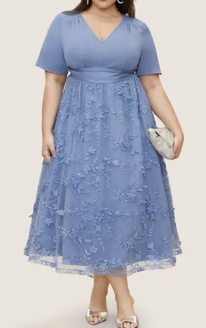 NWT Bloomchic Floral Embroidered Patchwork Mesh Dress in Blue thumbnail 1
