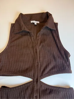 Pretty Garbage Collared Ribbed Cutout Mini Dress in‎ Dark Brown Size L thumbnail 2