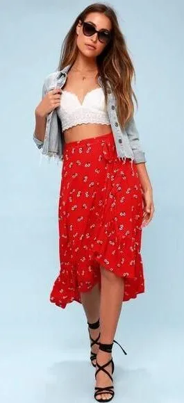 Billabong Red Floral Print Midi Wrap Skirt thumbnail 1