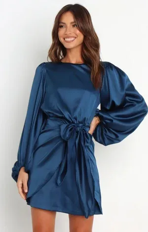 Petal & Pup Opal Navy Blue Satin Long Balloon Sleeve Wrap Mini Dress 4 thumbnail 3