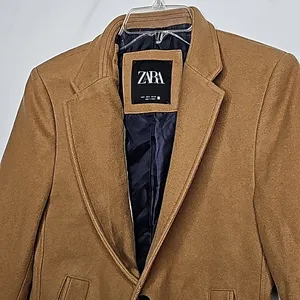 NWOT Zara tan long Tessuti wool made in Italy 2 button collared jacket coat sz S thumbnail 3