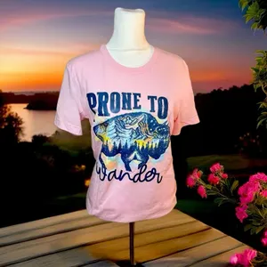 “Prone to Wander” Boho Western Bull Cotton T shirt Women’s Pink Crew Neck thumbnail 2