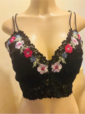 Victoria's Secret Black Lace Bralette with Multicolor Floral Embroidery thumbnail 3
