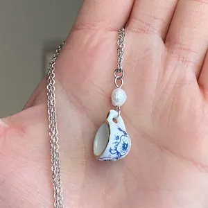 Handmade porcelain tea cup & freshwater pearl unique fun fairy antique style necklace🫖🍃🌀 thumbnail 8