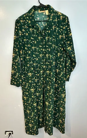 Vintage La Cera Green Floral Corduroy Button Down Cottagecore Midi Dress Large thumbnail 1