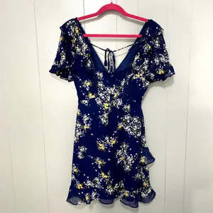 Lulus Spring Sweetheart Navy Blue Floral Flutter Sleeve Mini Dress S thumbnail 6
